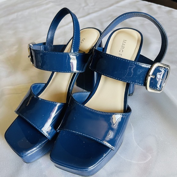 Marc Fisher Women's Blue Patent Leather Ankle Strap Block Heel Sandals 5.5 - Picture 9 of 11